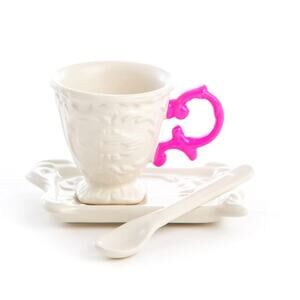 SELETTI I*Wares I*Coffee Porcelain Coffee Cup Pink Handle w/ Saucer NEW IN BOX